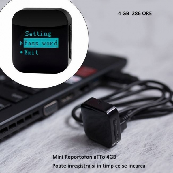 Mini Reportofon Activare Vocala si Parola De Protectie - -24 de ore Baterie - 4GB- 286 de ore - 1536 kbps, Model Profesional aTTo 4GB [3]