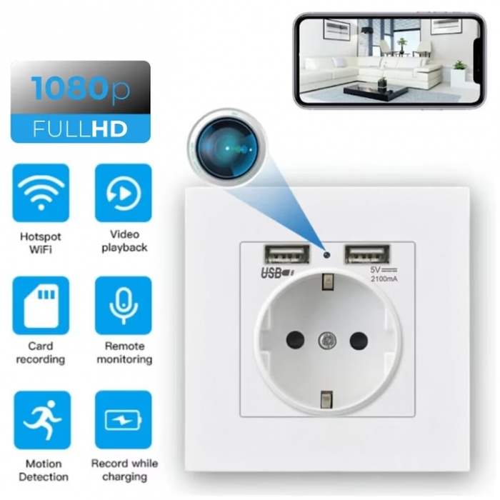 Priza cu Camera Spion Integrata Wi-Fi, Full HD și Senzor Mișcare, CAMIP105BW [2]