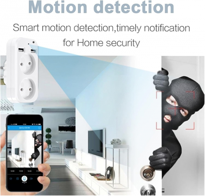 Priza Dubla cu Camera Spion Full HD 1080P, Conexiune Wi-Fi si Senzor de Miscare, CAMIP106BW [2]