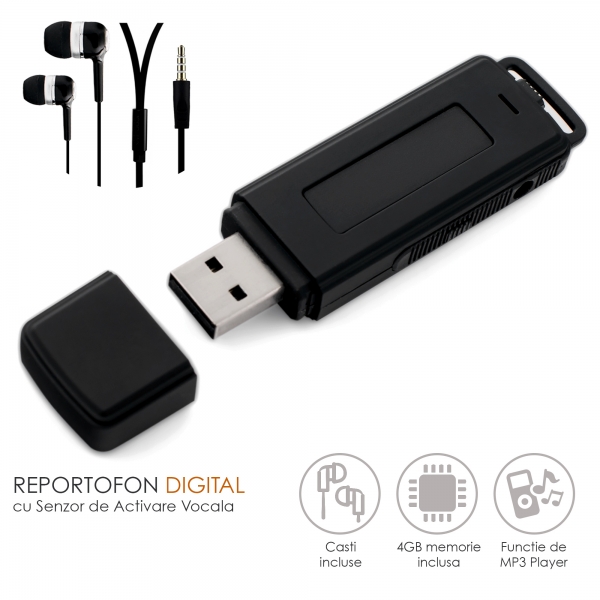 Reportofon Spion Ultra-Profesional Camuflat în Stick USB cu Activare Vocală | 4GB/282 de ore | Clear HD 384kbps/32kbps | Baterie 26 de ore | Căști Incluse | MAA-V4GB [1]