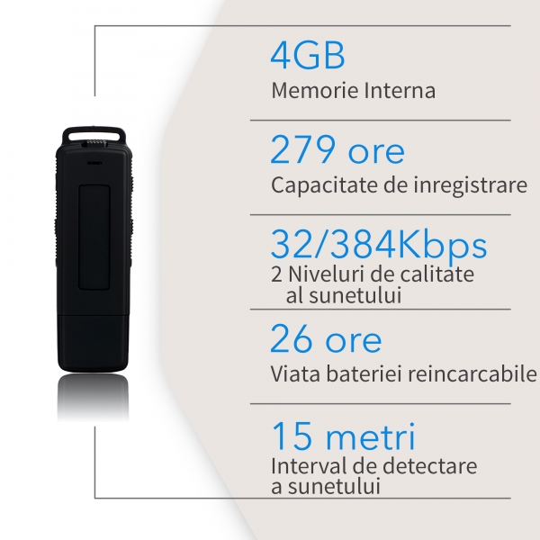 Reportofon Spion Ultra-Profesional Camuflat în Stick USB cu Activare Vocală | 4GB/282 de ore | Clear HD 384kbps/32kbps | Baterie 26 de ore | Căști Incluse | MAA-V4GB [8]
