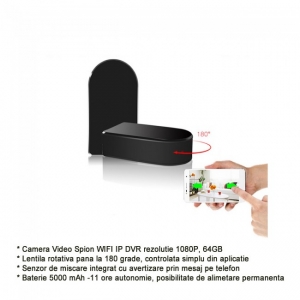 Expertul recomanda !!! - Camera Video Spion pentru Supraveghere Wi-Fi, Ip + DVR, Full HD 1920x1080p, Lentila Mobila 180 Grade Orientata din Aplicatie, Detector de Miscare