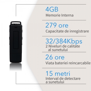 Reportofon Spion Ultra-Profesional Camuflat în Stick USB cu Activare Vocală | 4GB/282 de ore | Clear HD 384kbps/32kbps | Baterie 26 de ore | Căști Incluse | MAA-V4GB [7]